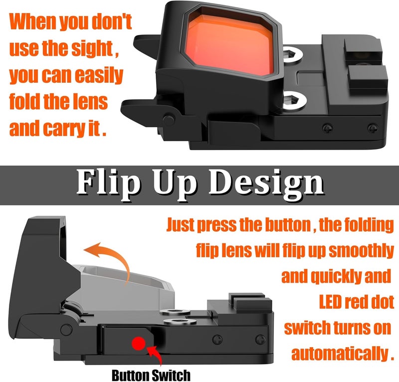 JORMIX Flip Up Red Dot Reflex Sight Mini Folding 3 MOA Red Dot Flip Gun Sight Scope for RMR Picatinny Rail Glock MOS Pistol Handgun Rifle with Heightened Base - Image 3
